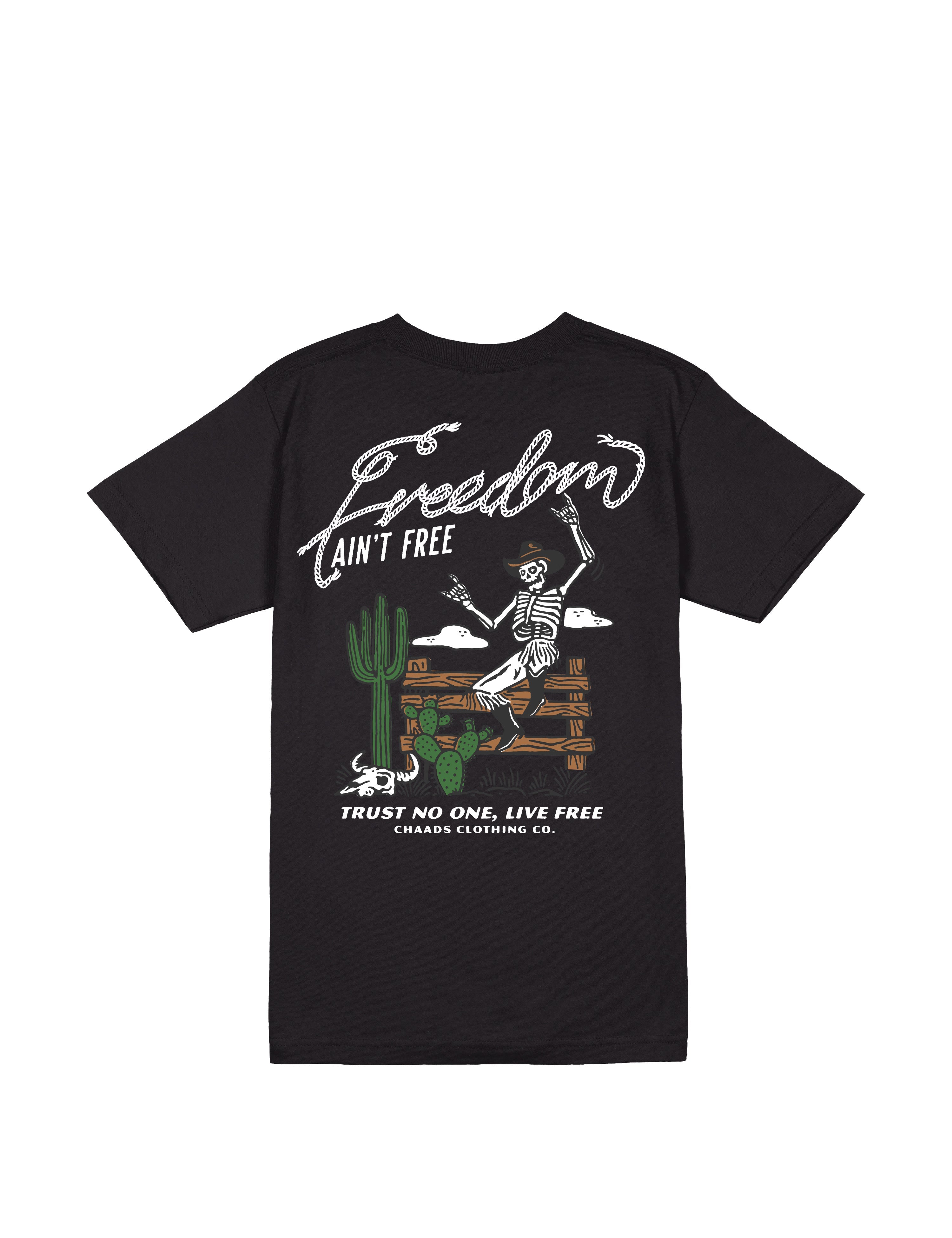 Back graphic of Freedom Ain’t Free II tee featuring a rugged desert-inspired patriotic design