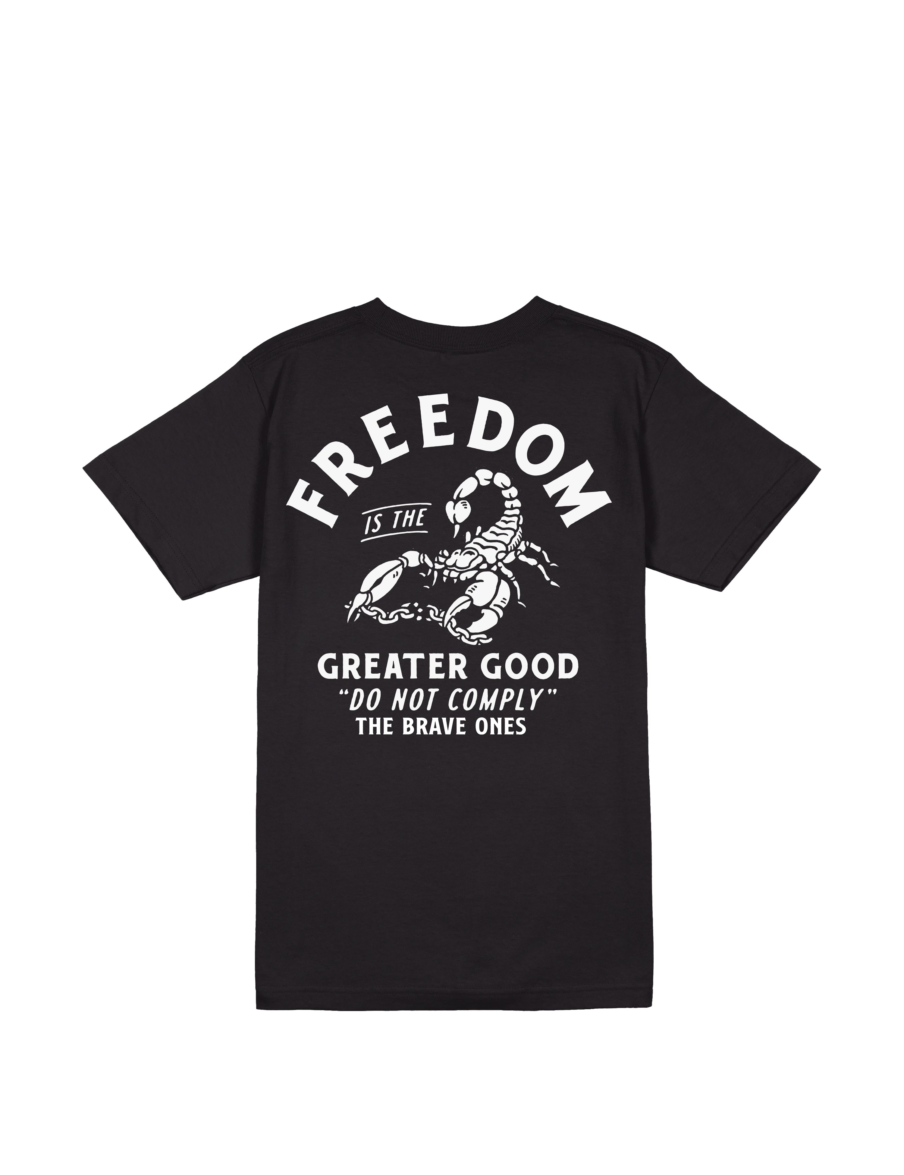 Back view of the Freedom T-Shirt showcasing the striking scorpion and chains graphic