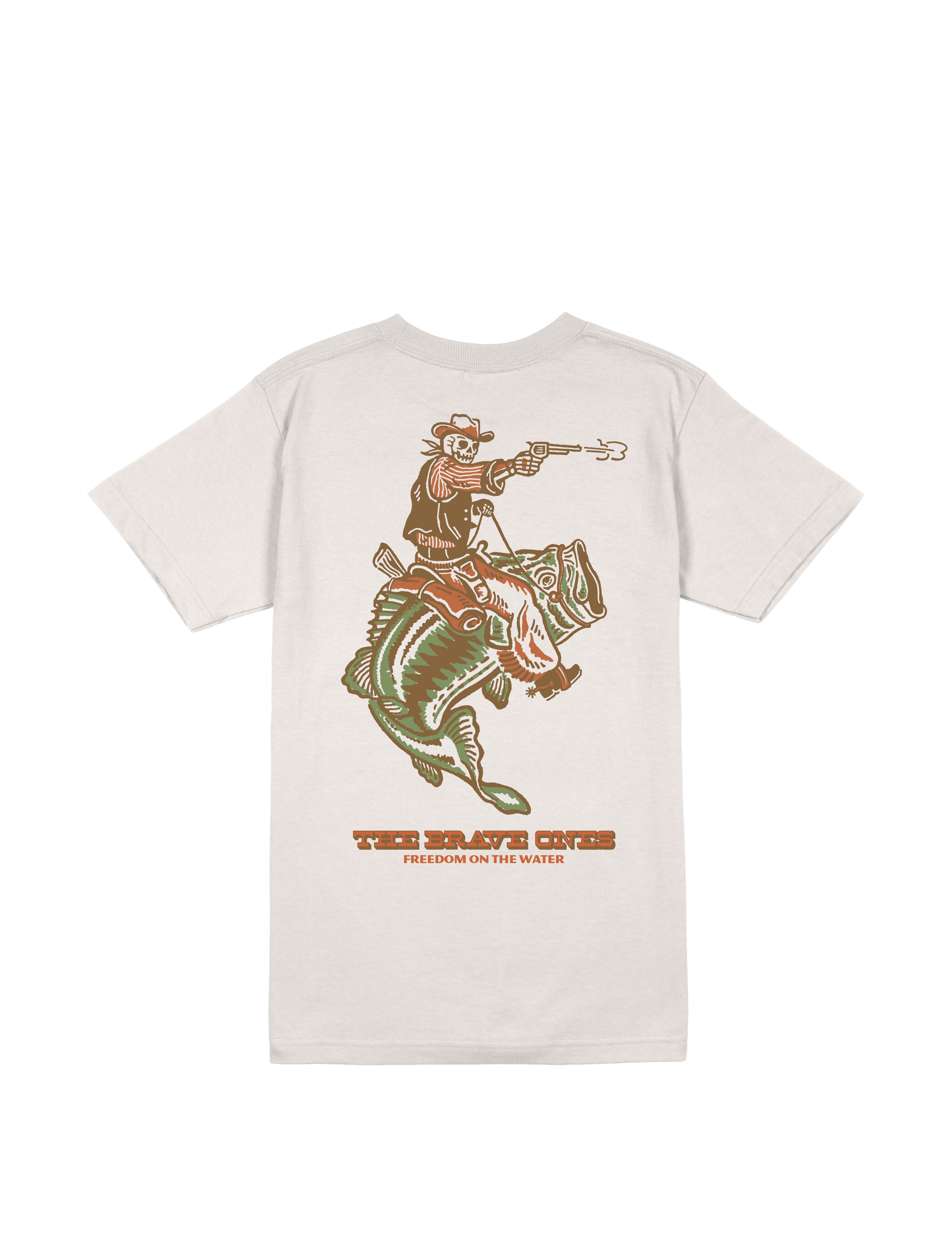 Back view of the Freedom on the Water T-Shirt showcasing the detailed outlaw bass-riding graphic