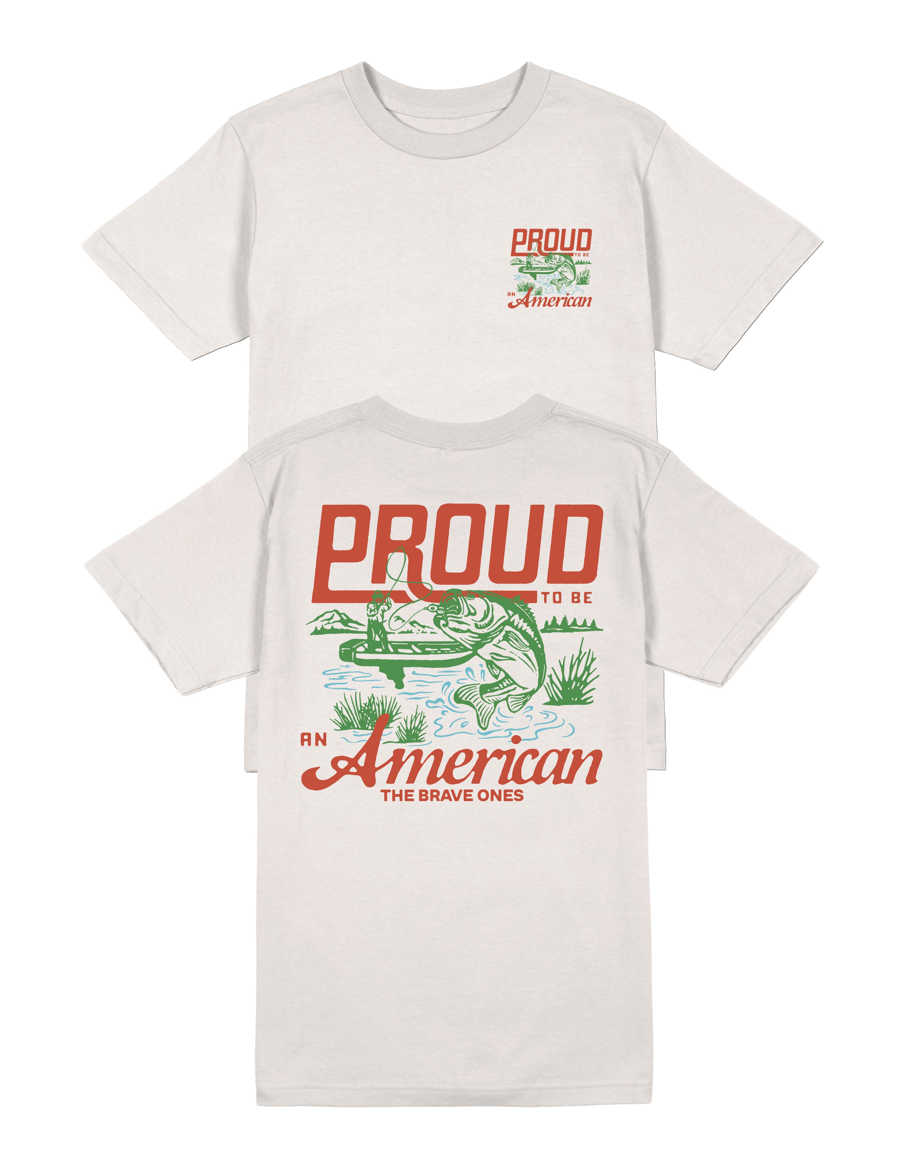 USA-made fishing T-shirt featuring bold red, white, and green design with jumping bass and American pride lettering