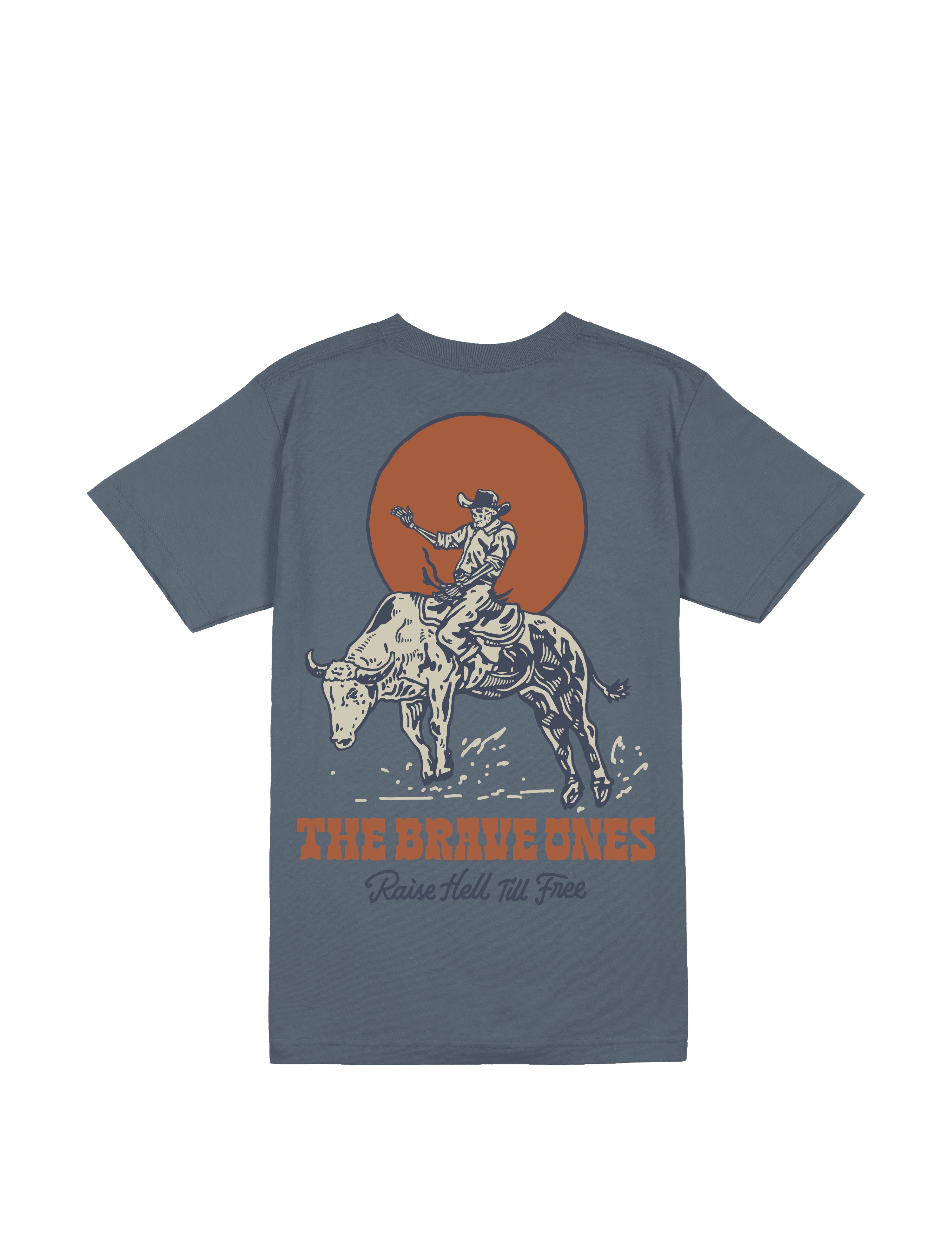 Back graphic of The Brave Ones Raise Hell II Tee with bull riding cowboy and Western typography