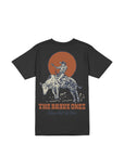 Back graphic of The Brave Ones Raise Hell II Tee with bull riding cowboy and Western typography