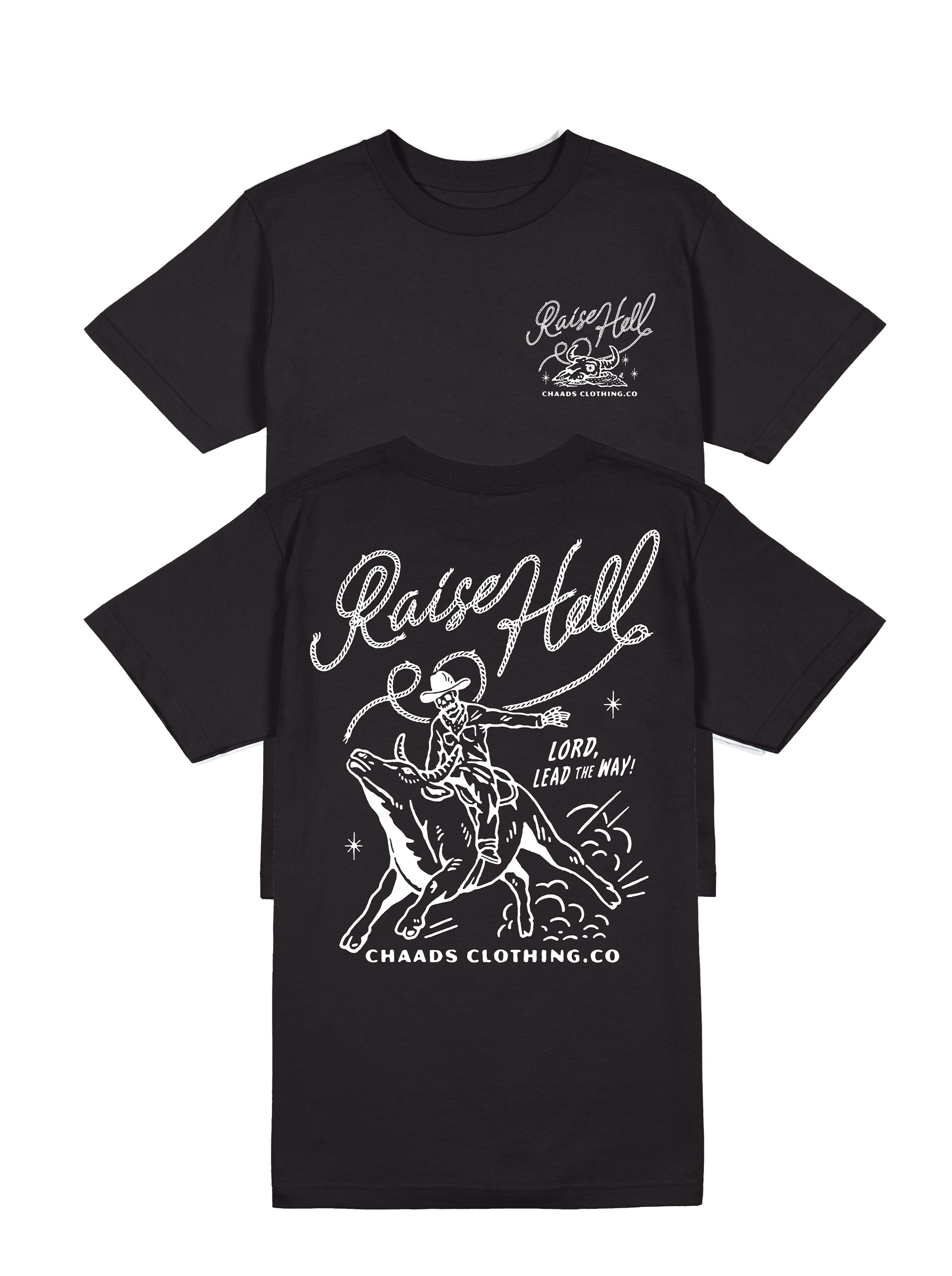 Front view of The Raise Hell T-shirt with small chest logo and premium cotton fabric Back graphic of The Brave Ones Raise Hell Tee with bull riding cowboy and patriotic slogan"