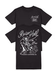 Front view of The Raise Hell T-shirt with small chest logo and premium cotton fabric Back graphic of The Brave Ones Raise Hell Tee with bull riding cowboy and patriotic slogan"