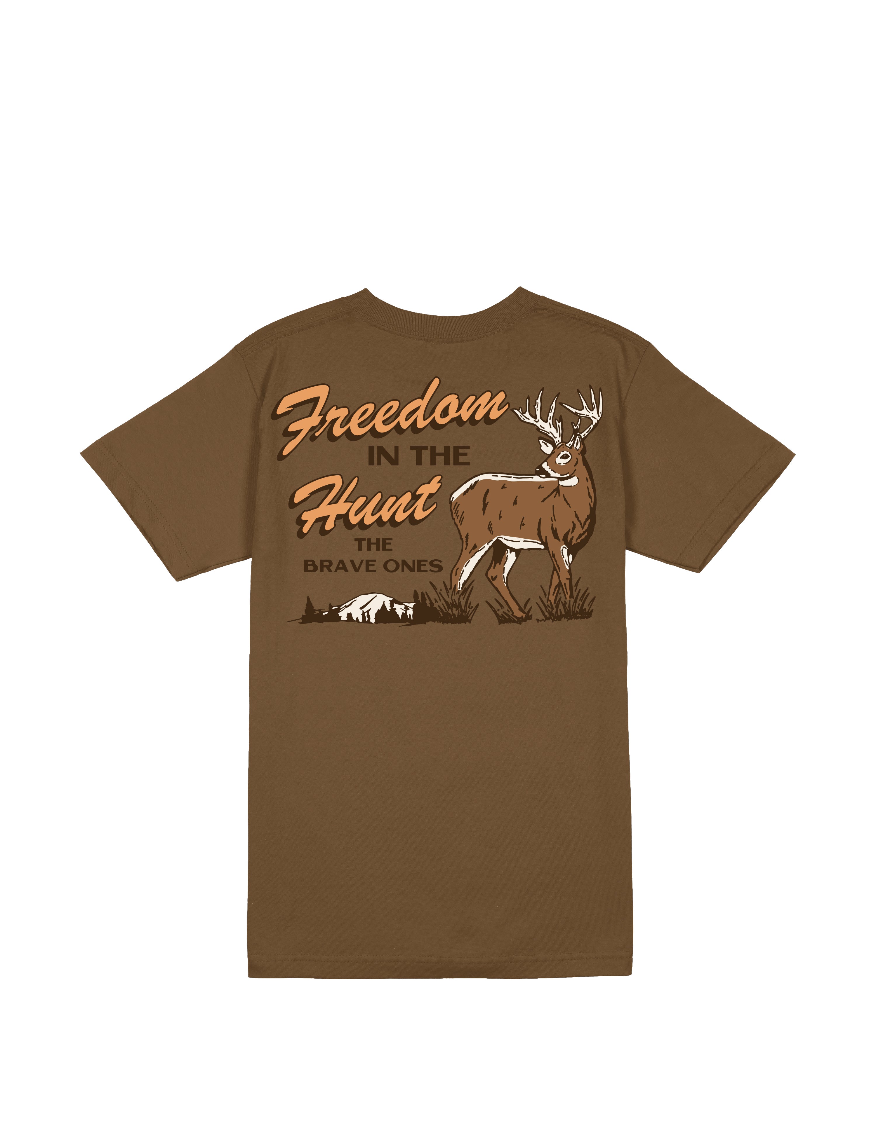 Back graphic of The Brave Ones 10-Point Tee with deer, hunting scene, and bold typography