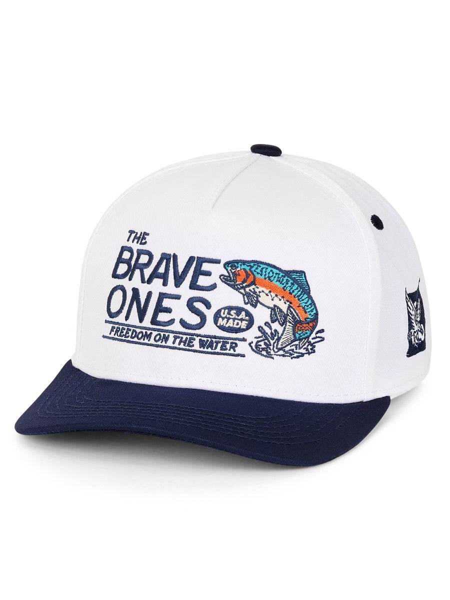 The Brave Ones fishing cap with 'Freedom on the Water' slogan and bold stitching