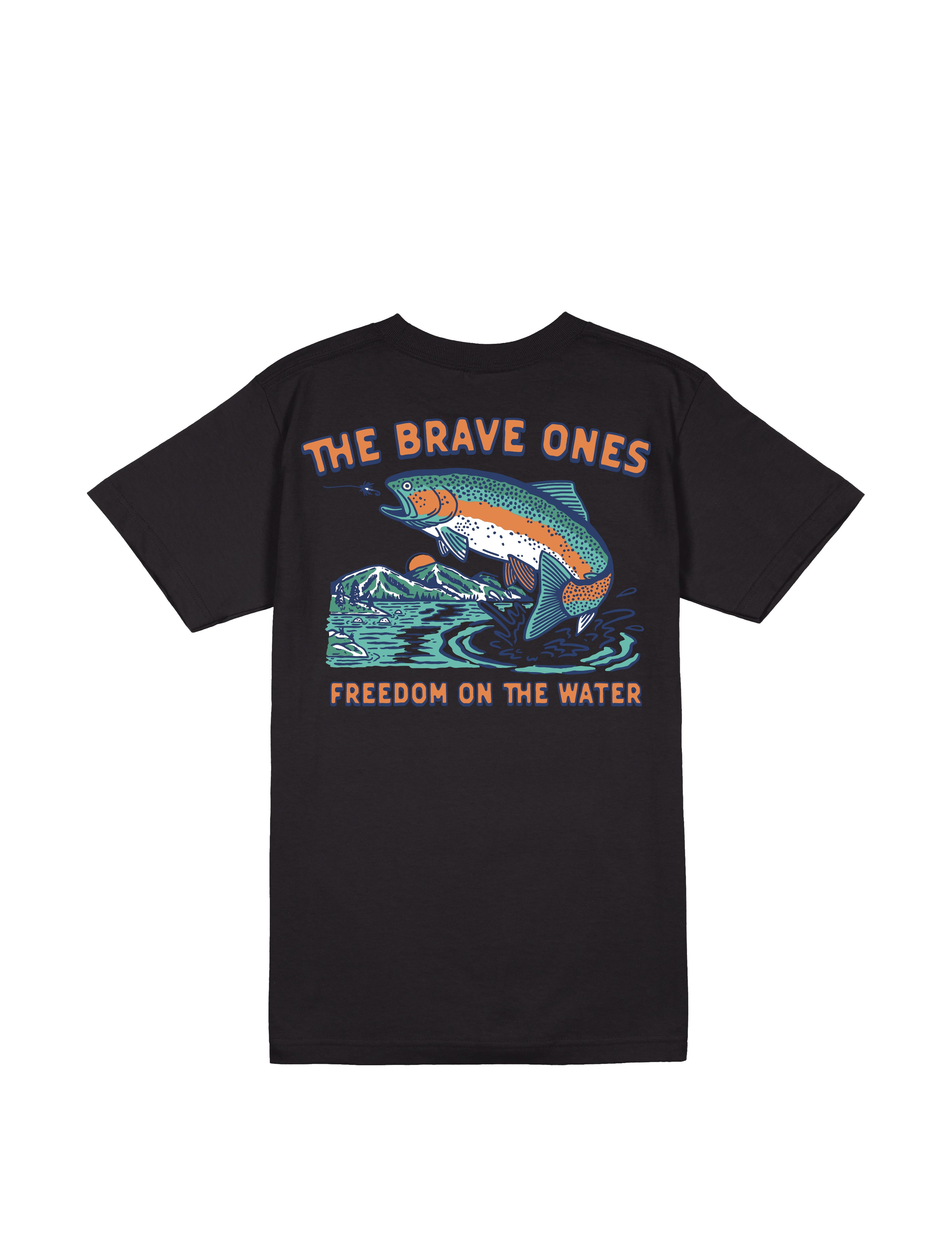 USA-made Freedom on the Water T-shirt featuring bold rainbow trout artwork