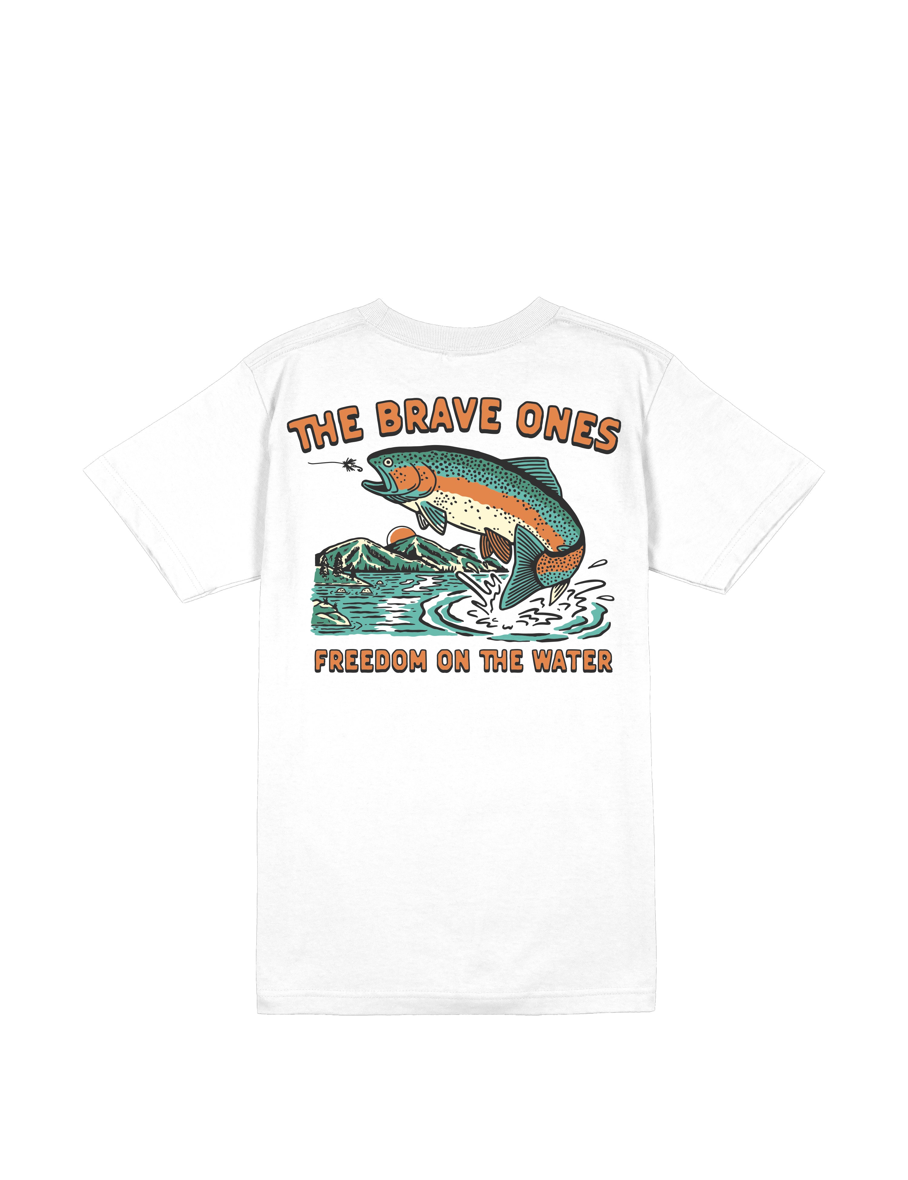 Back graphic of The Brave Ones Big Bow Tee with leaping trout and outdoor scene