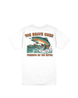 Back graphic of The Brave Ones Big Bow Tee with leaping trout and outdoor scene