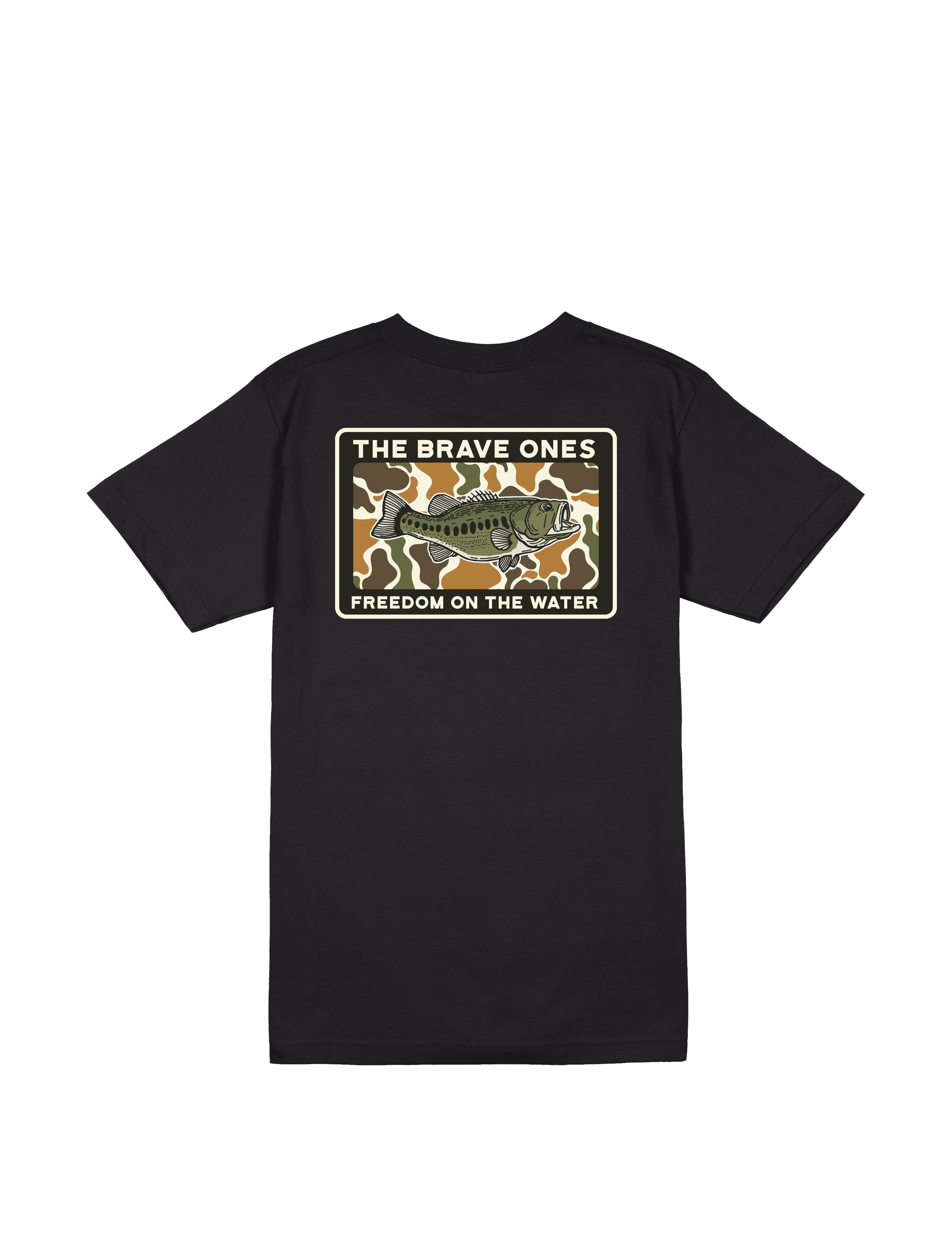 Back graphic of The Brave Ones Big Hawg Tee with bold bass design and camo outdoor scene