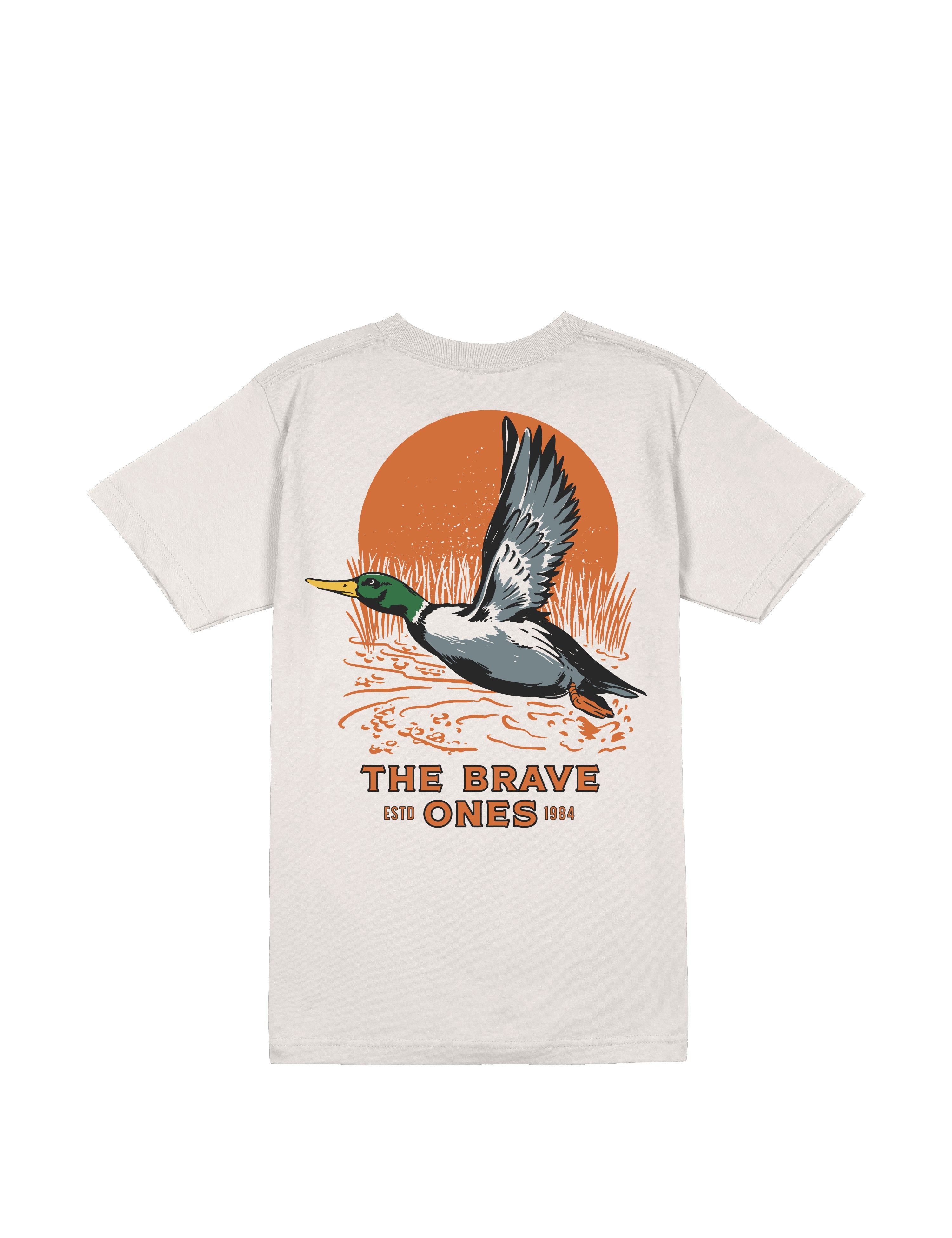 USA-made waterfowl hunting T-shirt featuring mallard duck in flight