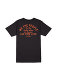 Close-up of the We The People T-Shirt featuring Live Free or Die statement and 1776 flag