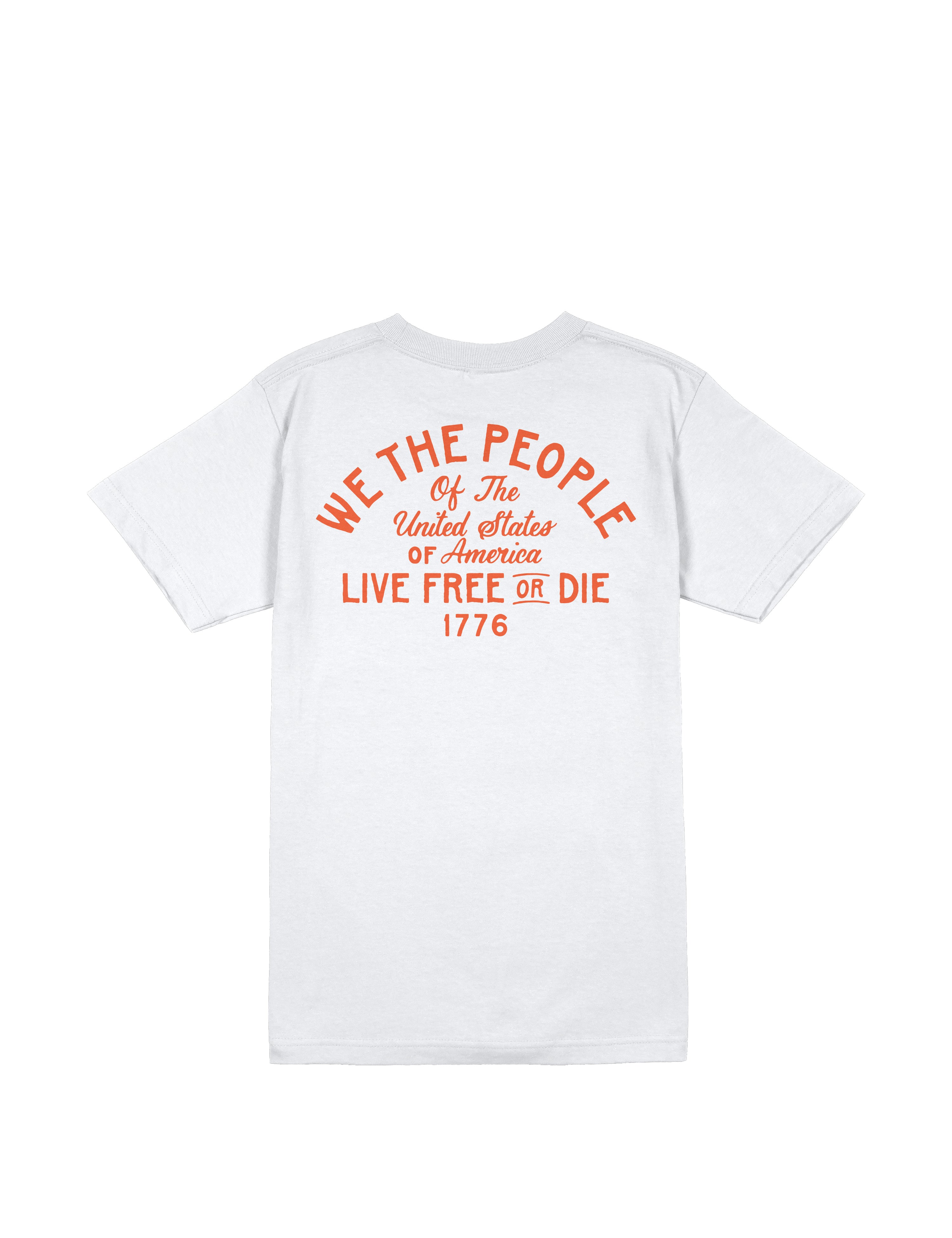 lose-up of the We The People T-Shirt featuring Live Free or Die statement and 1776 flag