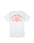 lose-up of the We The People T-Shirt featuring Live Free or Die statement and 1776 flag